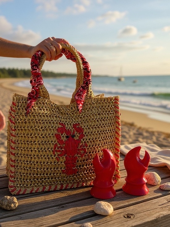 Handbags - Woven Straw Lobster Tote Bag with Red Bandana Handles and salt and pepper shaker
